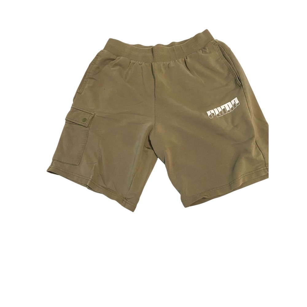 Puma Mens Cargo Shorts Olive Green Khaki Elastic Waist Drawstring Size Medium